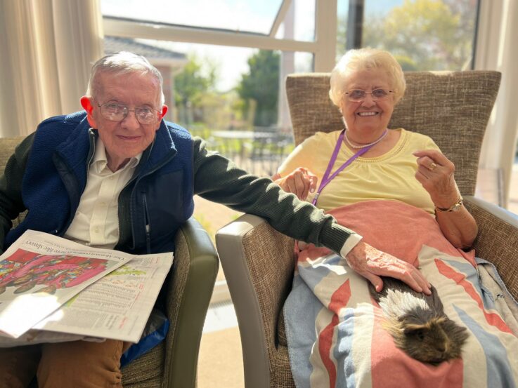 An older man holding a newspaper sits beside an older woman who is smiling and stroking a cat on her lap. Sunlight comes through large windows behind them.