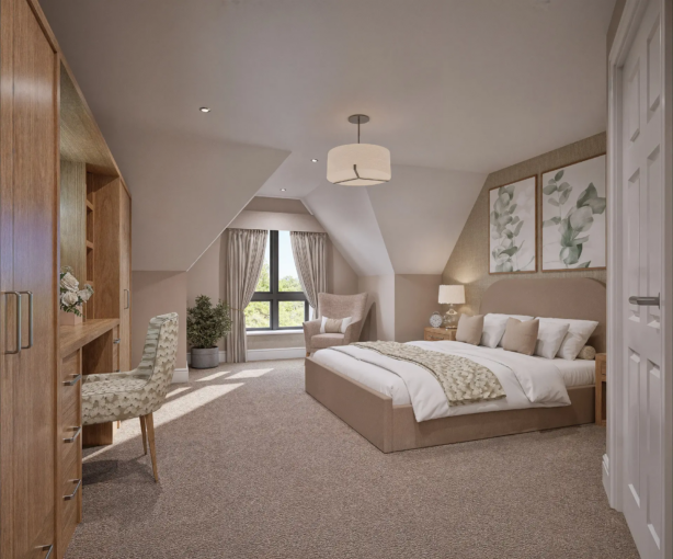 Spacious bedroom with sloping ceiling, double bed, armchair, desk, large window with curtains, wooden furniture, and neutral colour tones.