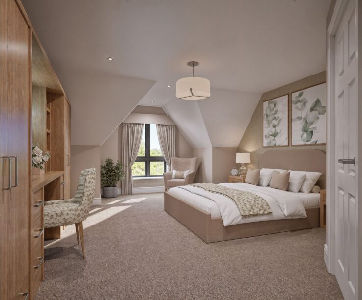 Modern bedroom with a double bed, desk, armchair, large window with curtains, beige carpet, and wall art above the bed.