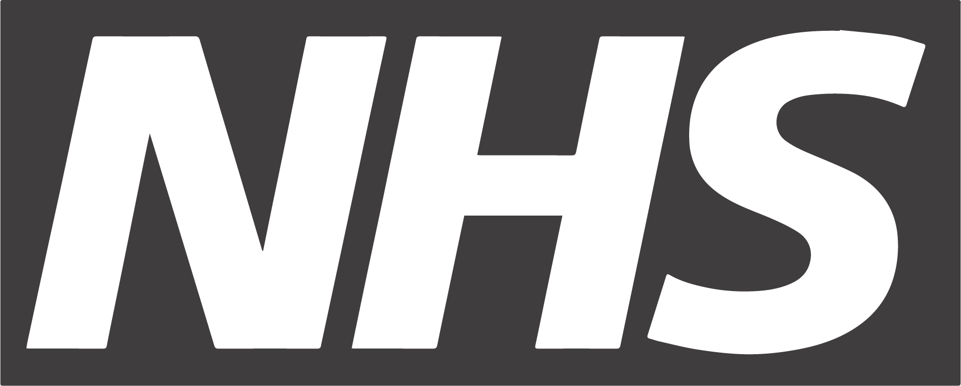 The image shows the official NHS logo in bold white letters on a dark background.