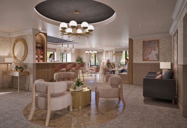 A modern hotel lounge with pastel chairs, a bar, a chandelier, and people sitting and chatting. Large windows let in natural light.