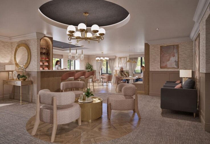 A modern hotel lounge with pastel chairs, a bar, a chandelier, and people sitting and chatting. Large windows let in natural light.