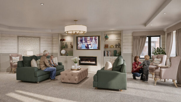 Spacious living room with people sitting on sofas and armchairs, a television above a fireplace, large windows, and neutral décor.