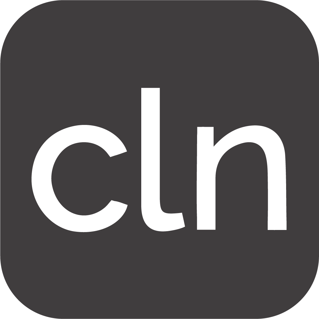 White lowercase letters cln on a dark grey rounded square background.